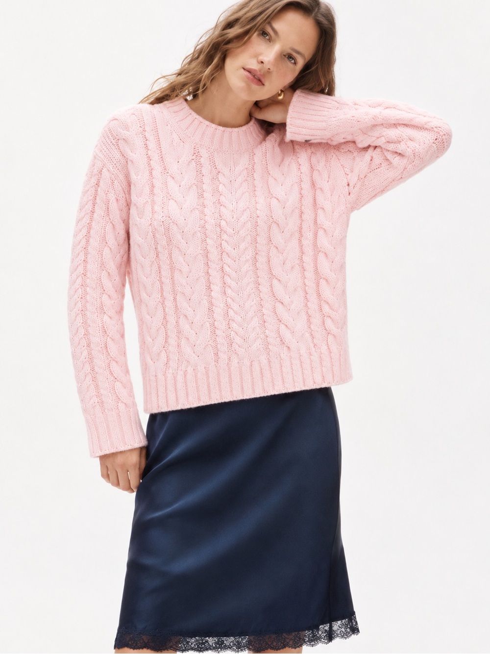 J Crew Cable Knit Crewneck Sweater in Delicate Bloom